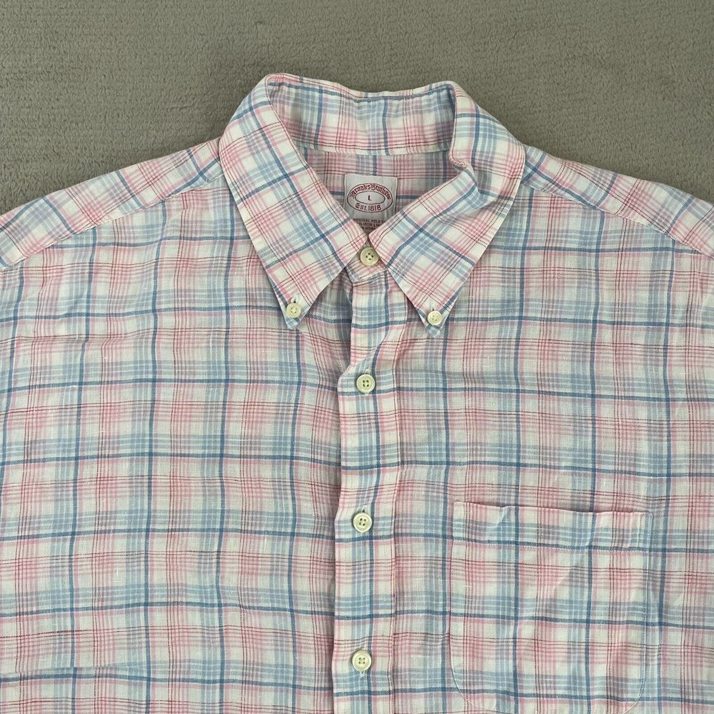 Brooks Brothers Shirt Men Large Pink Blue White Plaid 100% Linen Short Sleeve
